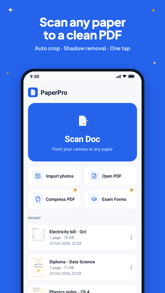 PaperPro home screen with Scan Doc button and recent documents