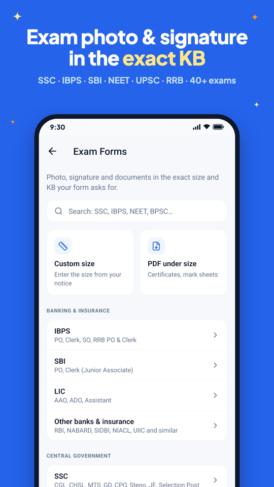 Exam Forms screen listing IBPS, SBI, LIC and other exams